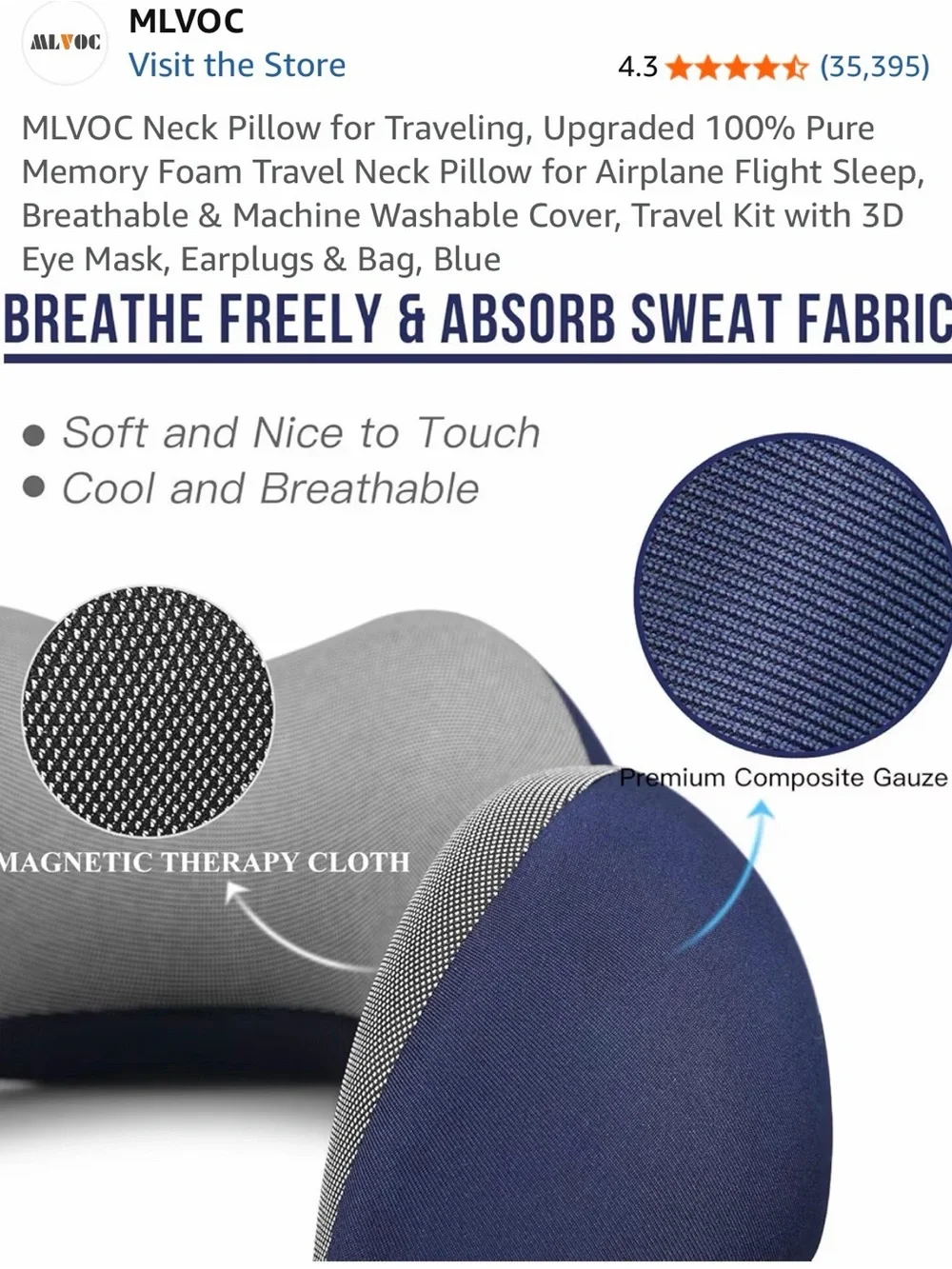Navy/Gray Memory Foam Ergonomic Travel Neck Pillow